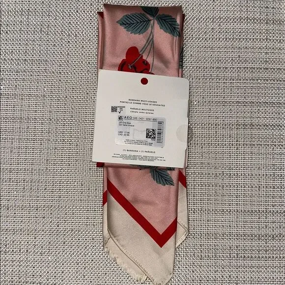 AE Ivory Pink Red Green Cherry Print Satin Square Bandana Scarf - Picture 8 of 8
